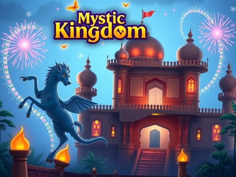 Mystic Kingdom game banner featuring magical creatures and Indian architecture